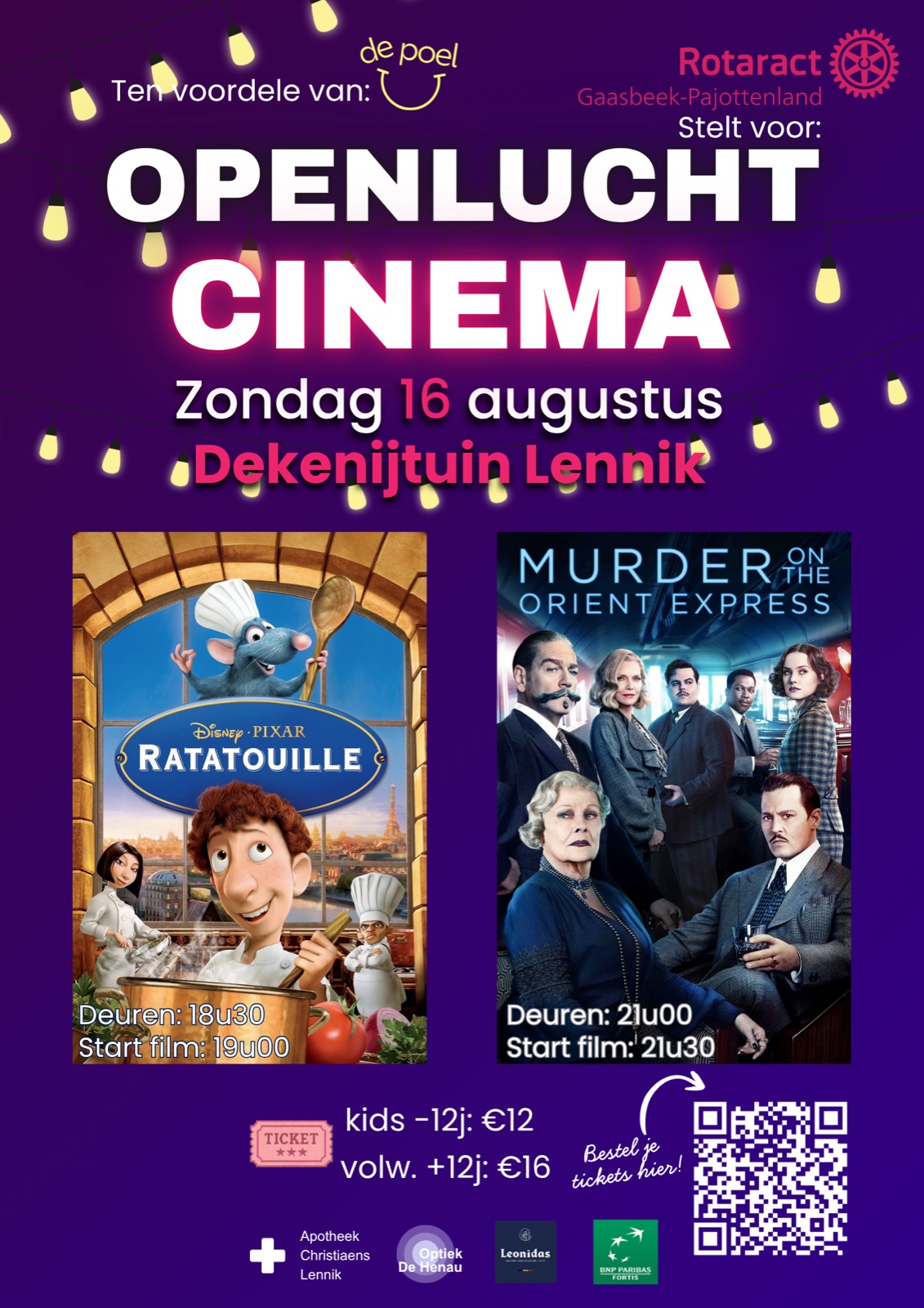 Affiche van de openluchtcinema op zondag 16 augustus in de Dekenijtuin in Lennik